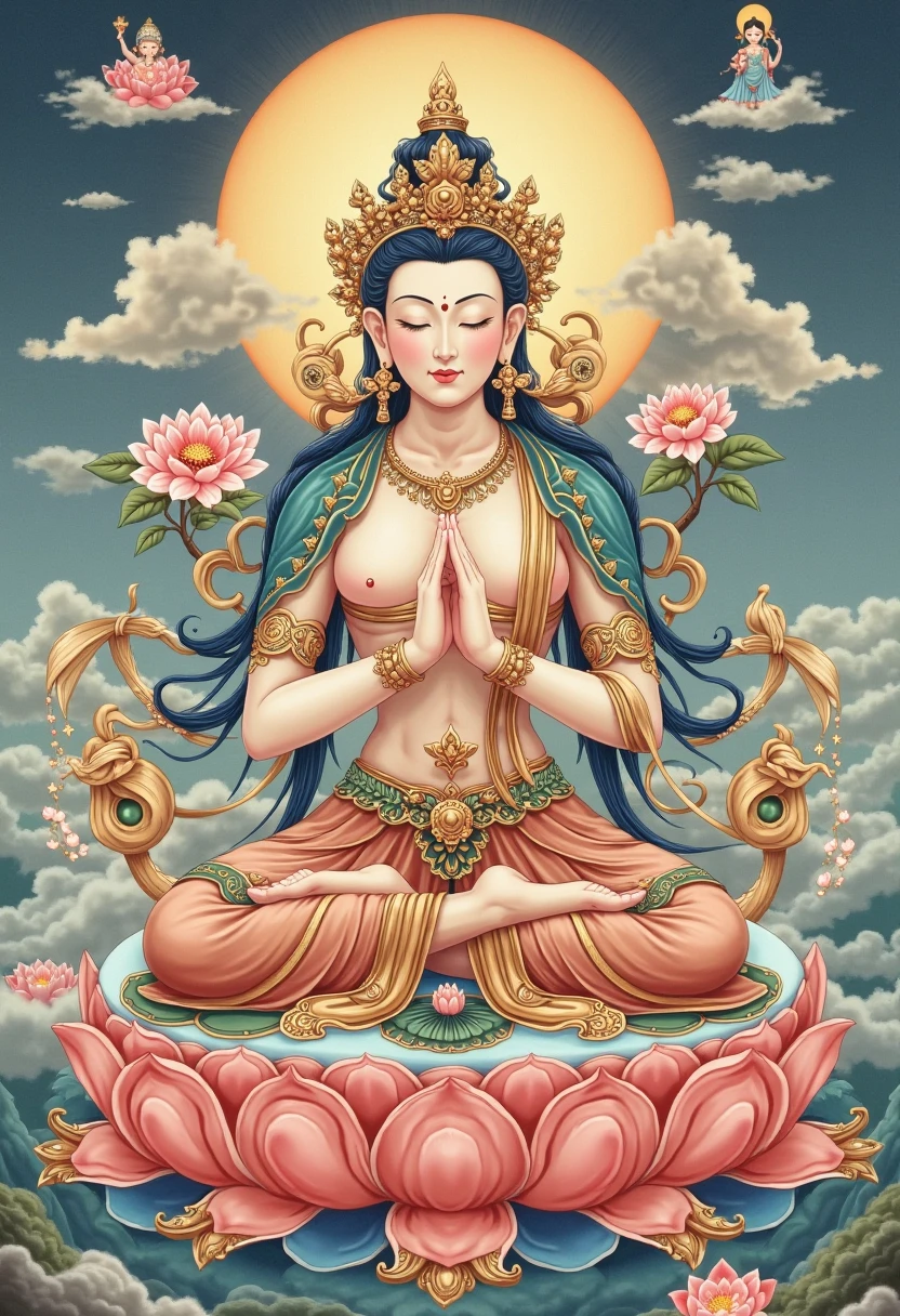 Beutiful women,Greenskin sits on a lotus,Wearing a delicate gold crown,beautiful countenance,Beautiful big eyes looking at the gaze of the audience,Pinch the flower stem with one hand,The other palm is facing outward,Barefoot on both feet,Lotus terrace,with blue sky and white clouds,(primitive:1.2),(realisticlying:1.4),(Sharpness:1.2),(A woman who is),16 yaers old,(((body high:1.5))),(((Green skin))),(((Gemstones refract dazzling light))),((middlebreast:1)),(Abs:0.7),(glute:1.2),(Healthy green skin, Thin skin, seductiveexpression, 二重まぶた,Jelly textured lips, Glowing lips,Small upturned lips,There is an eye in the middle of the forehead,((Yellow pleated bra)),Shiny skin,(((Green skin texture))),Real pores,ctextured skin,choker necklace,Yingluo,(Wear gemstones,pearls,hisui,amber,),(Dynamic hair,Hair hanging down the shoulders,Beaded hairpins,Nobile,),Glossy glossy skin,greenish skin,eyes looking at the lens,The sky behind your head is illuminated by a circle of light,The background is blue sky, High quality detailing, exquisite detailing,Cinematic lighting,,absurderes, unbelievable Ridiculous, hugefilesize, ultra - detailed, A high resolution, The is very detailed,best qualtiy,tmasterpiece,illustratio,The is very detailed,CG,unified,8k 壁纸,Amazing Cleavage,finely detailled,tmasterpiece,(((dynamicposes))), ((Correct anatomy)),(((Correct dissection))