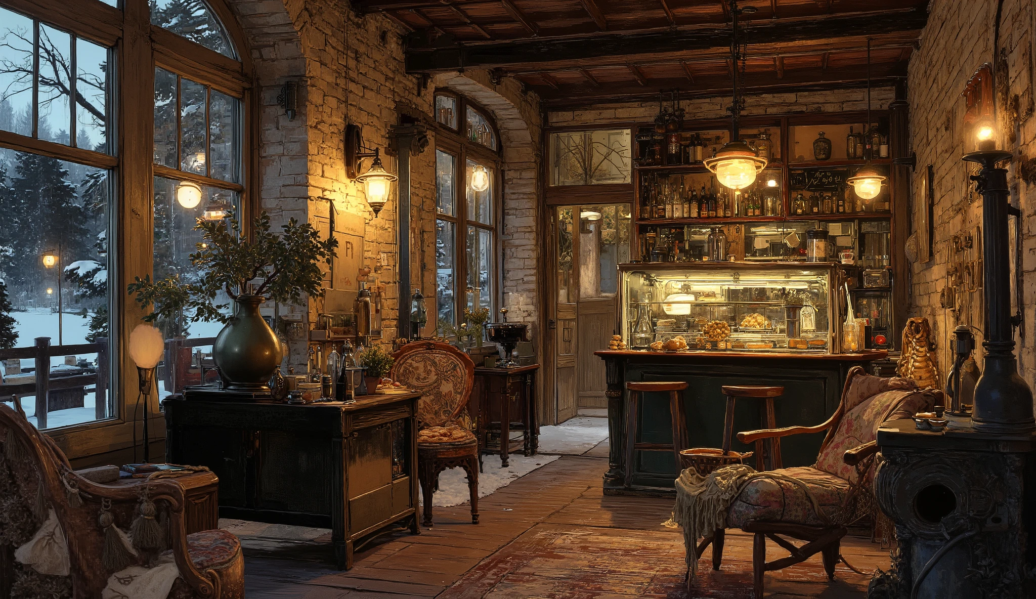 depicting a cafe built of natural brick , rustic and beautiful , looking from the window onto the lake and snow-capped mountains , It there is a beautiful shiny metal coffee pot , glass counter with bread and pastries , with comfortable wooden stools , behind the counter is a beautiful bookcase with a variety of breads and pastries , a charming picture writing Cafe prices products. Outside is a beautiful outdoor wooden floor at winter twilight , a natural brick wall with an embers fireplace of the fire , there is a beautiful fence running through small stakes with these pretty little oil lamp, the beautiful metal fireplace on the cafe wall , next to piles of perfectly arranged firewood , vases with small leafy trees , } comfortable wooden armchairs to relax , a rustic coffee table with a scented candle, with vases are bottles , coffee cup, and an alternative scented candle , , a small sedge basket with a book at the top and many decorations that make up the cozy space . Can enjoy the cold dark night of winter a lot of snow accumulates .