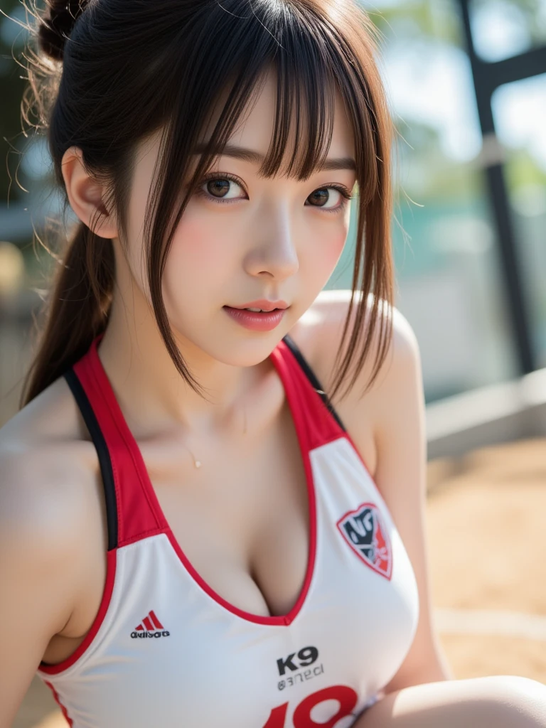 (8k, Raw-Photo, Top  Quality, ​masterpiece: 1.2), ​masterpiece, super detaill, 超High Resolution A, (realistic and realistic photo: 1.37), High Definition RAW Color Photography, very delicate and beautiful., ighly Details, 8k wallpaper, astonishing, The Details, very detail eyes, highlydetailed skin, extremely detailed fingers, extremely detailed nose, highly detail mouth, perfect anatomia,1girll, (volleyball uniform), hazy, blured background, blurred foreground, blush, Braid, pectorals, depth of fields, Eyebrows Visible Through Hair, Frild, Hair between eyes, Volleyball court, jewellery, looking up at viewer, Short hair, 独奏, tits huge、Nogizaka Idol、Korean Idol、hposing Gravure Idol、pornstar、18 years-old、Tall、Korean Idol、Nogizaka Idol、pornstar、hposing Gravure Idol、((s whole body)), ((gravure pose)), ((Saxie pose)), ((full bodyesbian)), Lying Down,  Open Indigenous, sensuous, Sensation