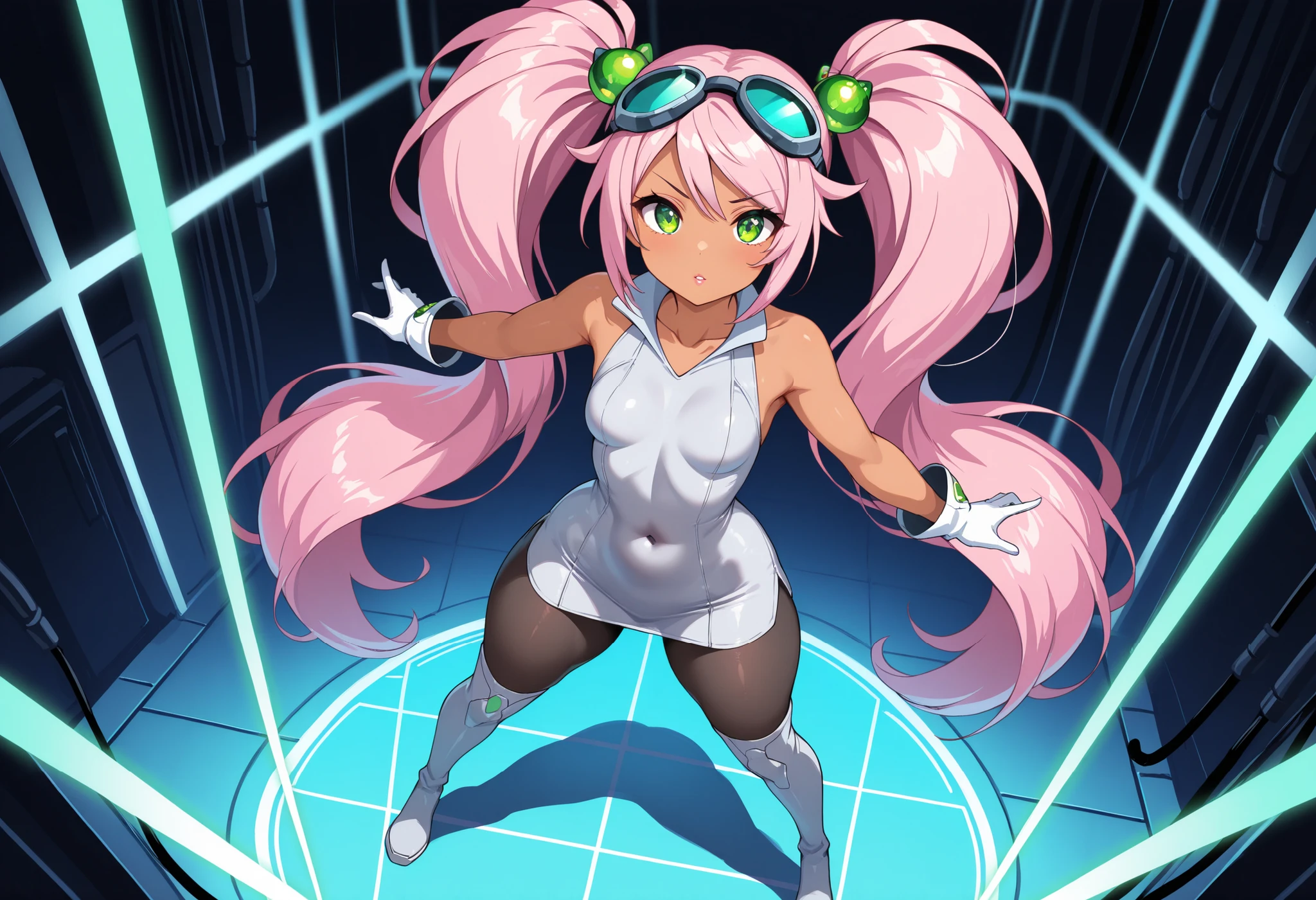 1girl, full body, Lovrina-inspired character, tan skin, vivid pink hair, very long pigtails, extremely long twintails , green eyes, looking at viewer, wearing a futuristic short dress (grey stomach, sleeveless), black pantyhose, grey thigh-high boots, white gloves, goggles on head, green bobble ornaments, visible collarbone, perfect face, glossy lips, thick thighs, flat breasts, in a futuristic tech lab, neon lighting, (8k, ultra-detailed, crystal clear quality), masterpiece, best quality, high contrast, cinematic lighting, moody atmosphere, dynamic angle, standing, powerful pose, close to viewer