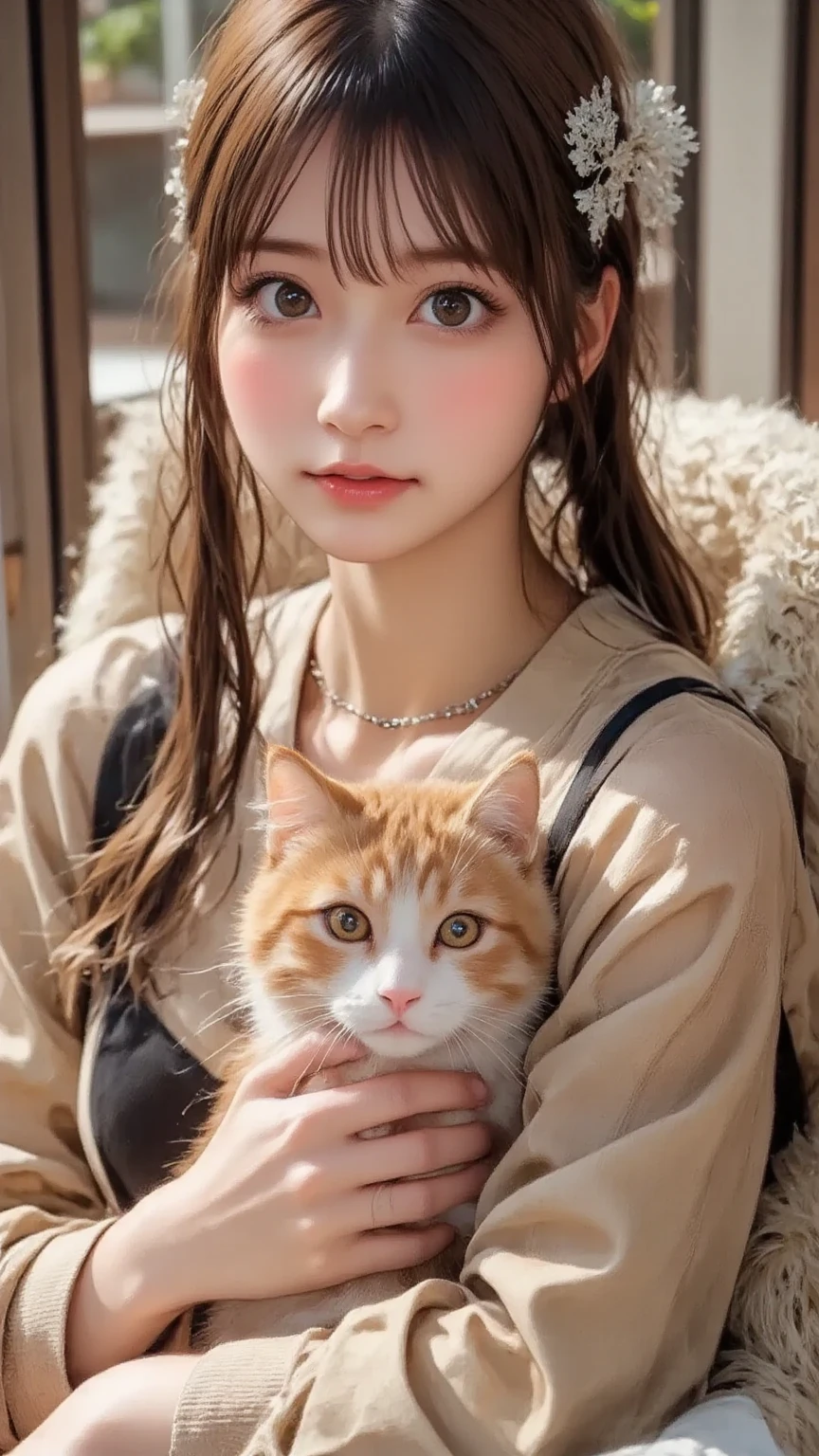 (((Girl playing with cat)))、A free-spirited cat and a dignified girl、one cute girl、Braids bundled into one:1.5、french braid、small nose、plump lips、carefully drawn hair、detailed eyes、((Play with the cat at home:1.2、sorry cat:1.5、A girl who wants to be cared for、Calico cat and girl in jersey:1.3))、Natural light, (very detailed, intricate details), sharp focus, calm colors, 8k, confused, 8mm film grain