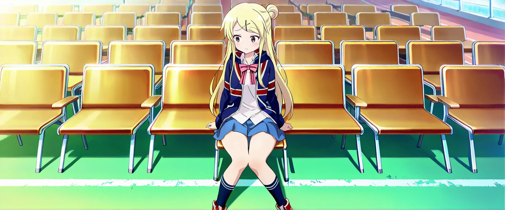 1girl,unwellness(autonomic nervous system disorder and depression) thick thighs Kujou Karen very long hair,blonde hair,single hair bun,hairclip,x hair ornament,sidelocks,side swept bangs,black eyes,white shirt,collared shirt,union jacket,pink bowtie,neck ribbon,pink ribbon,long sleeves,small breasts,miniskirt,blue skirt,black socks,red footwear, sitting alone on the school bleachers
koutei,scenery,outdoors