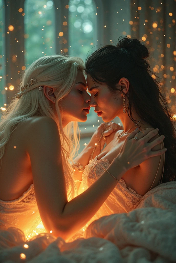 (two subjects)(complex details)(a very high quality,4k,8k,highres,masterpiece:1.2), ultra-detailed, realistic, photorealistic:1.37, HDR, UHD, studio lighting, extreme detail description, professional, vivid colors, bokeh, portraits, landscape, fantasy, sexy, Malaysian, damsel, hijab, sheer, open, translucent dress, big breasts, cute face, unshaved pubic area, pets, kisses, fantasy unicorn, elven glade, moonlight