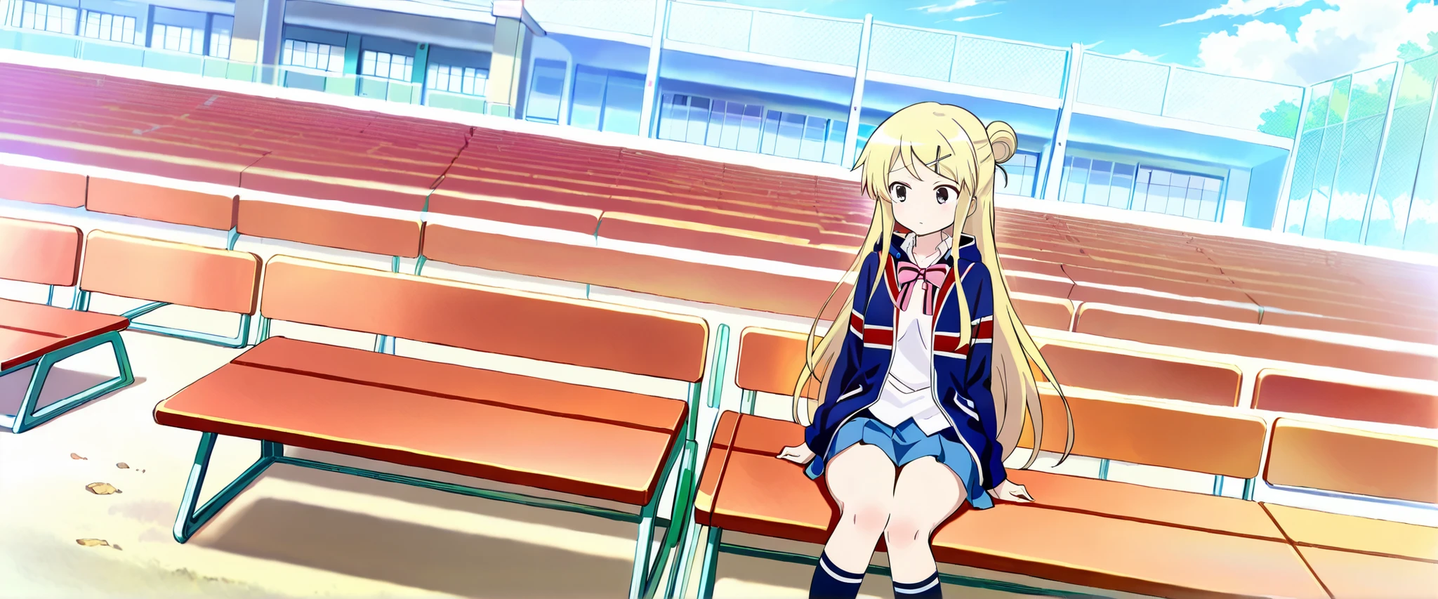 1girl,unwellness(autonomic nervous system disorder and depression) thick thighs Kujou Karen very long hair,blonde hair,single hair bun,hairclip,x hair ornament,sidelocks,side swept bangs,black eyes,white shirt,collared shirt,union jacket,pink bowtie,neck ribbon,pink ribbon,long sleeves,small breasts,miniskirt,blue skirt,black socks,red footwear, sitting alone on the school bleachers
koutei,scenery,outdoors