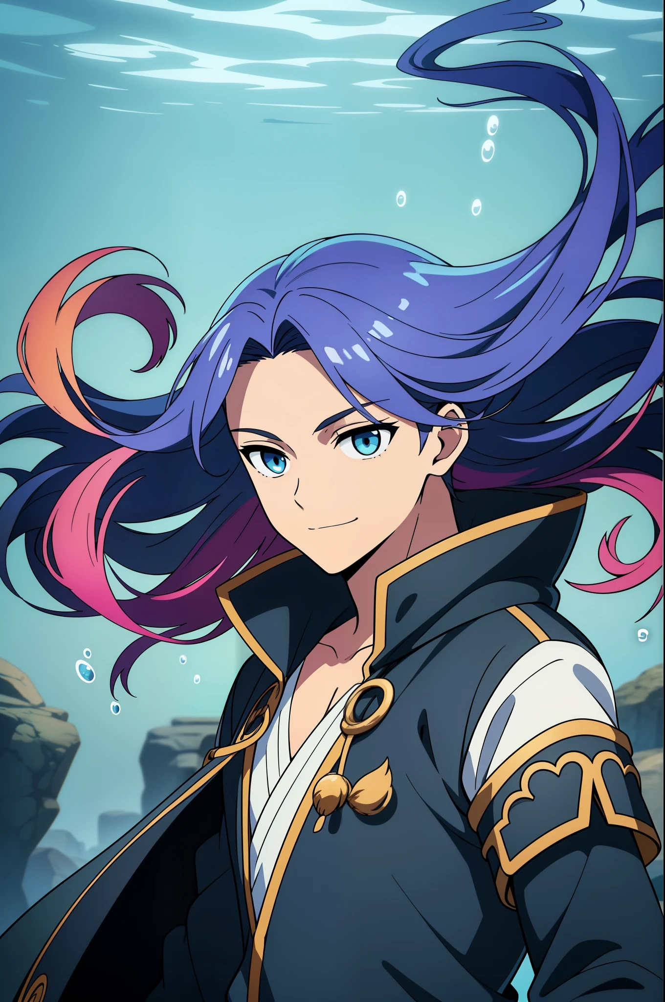 (high-quality, breathtaking),(expressive eyes, perfect face) 1boy, male, solo, ager, Symmetrical Eyes, portrait, gradient hair color, floating hair, levitating hair, underwater, blue eye color, long hair length, positive expression, charming smile, shirt, hooded jacket, modern attire, adventurer profession, glow hair, multicolored hair, masculine face, masculine eyes, narrow eyes, upperbody, water, smoke like hair, hair like Eris sinbad, dark tanned skin, slightly brown skin color