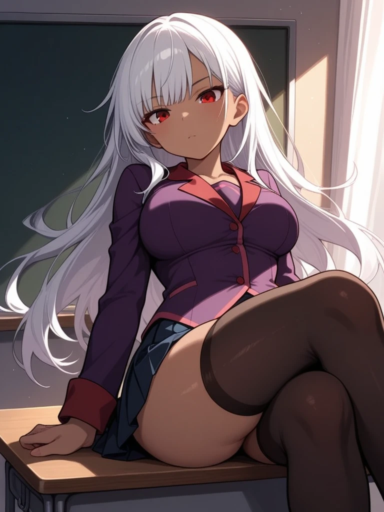 Swim suit outfit, with black demon horns, seductive pose, seductive smile , red eyes, in classroom, mind control by succubus