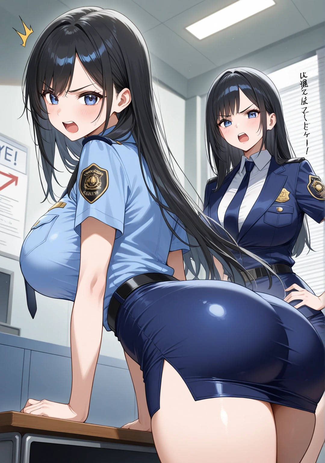masterpiece:1.2, High resolution, Anime Style, nsfw, prison, Jail, male pov, sex, Nipplesを触る, Face Enhancement, Three adult women, The three women do not have the same hair color., standing, Put your hands on the wall, excited, ((huge breasts:1.4)), Curvy Body, Armpit, Hami Breasts, Nipples, Pussy, latex police costume, sleeveless, Police hat, mini skirt, Long gloves, Knee-high boots, choker, Lead,