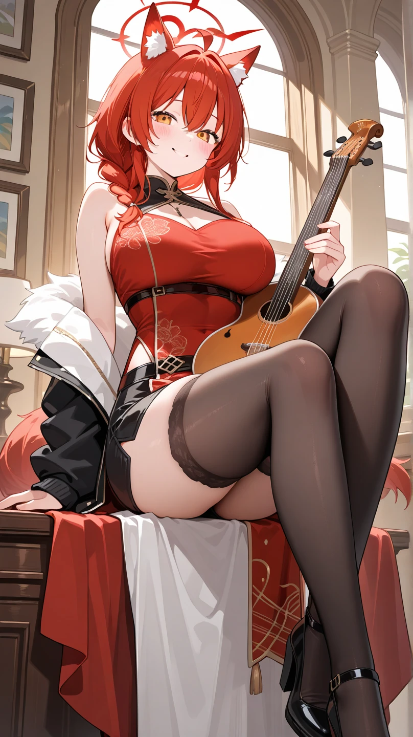 Red long hair, Grey eyes, Tolerable, Masterpiece, Best Quality, high resolucion;,detail enhancement，best qualtiy，perfect image quality，Beautiful and sexy, One-person viewpoint, Small moles under the eyes , prety, large full breasts, perfect hand, perfect body figure, 8K, 흥분한, Liquid flow, Fluids, Big breasts, pure white skin, Heavy makeup, Sneering, Looking down from top to bottom, Cross Your Legs, The soles of the feet are visible, toes, Black Short Shorts, White sleeveless nasi, indoor room, Sitting on a chair, disdain