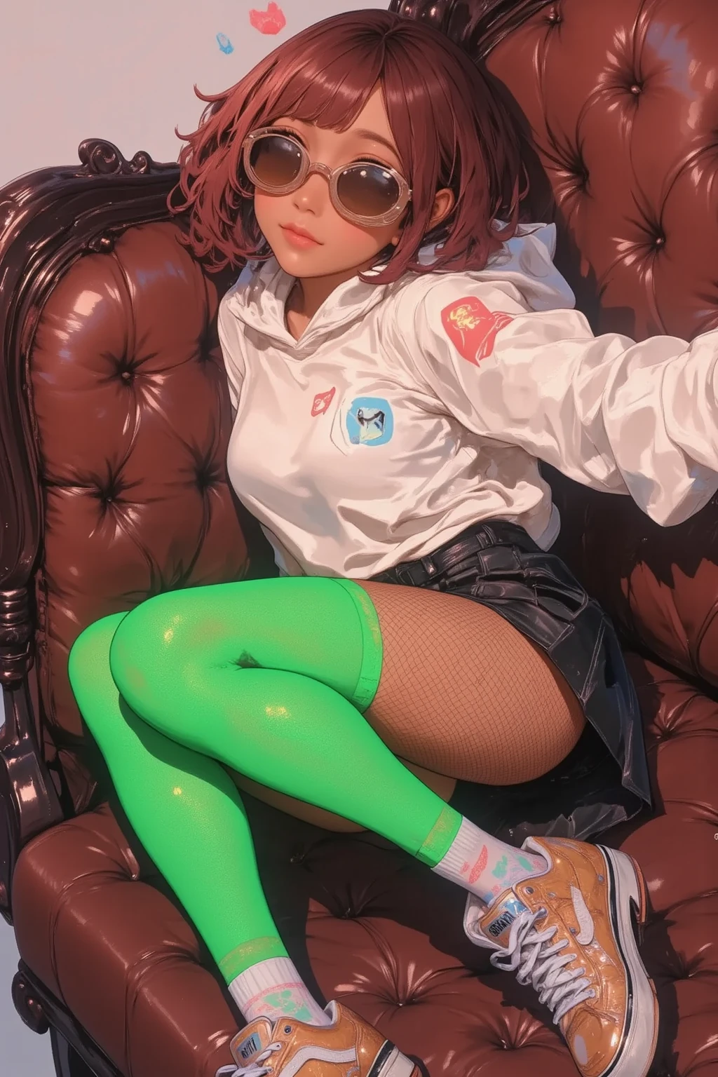 score_9, score_8_up, score_7_up, score_6_up, in an arcade, on the couch, 1girl, legs apart, bangs, short black hair, eyeliner, hipster outfit, round glasses, small breasts, illustration, perfect hands, detailed face, leaking pussy, white panties, dripping pussy juice, cum covered, bukakke, juices, wet, splattered, messy, open mouth, spreading pussy, used condoms