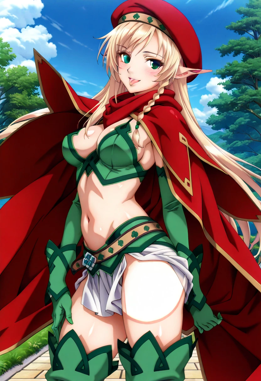 score_9, score_8_up, score_7_up, score_6_up, source_anime, BREAK 1girl, solo, alleyne, elf, side braid, beret, cape, blonde hair, long hair, sthighhighs, green bikini, eyeshadow, blue eyes, long sleeves, cleavage, smile face, legs focus, thick legs, underbutt, behind, from back, front, looking at you, grin, standing, florest, lake