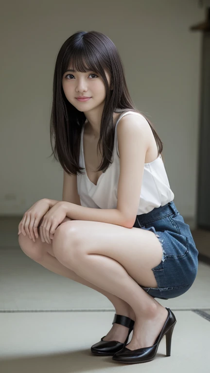 (masterpiece,highest quality:1.3),Extremely high detail,Complex,8k,High resolution,wallpaper,Cinema Lighting,bedroom((eye make up))((((Short skirt:1.5)))),((slipper))(((Happy expression: 1.8)),Full Body Lesbian, (Large breasts), Sparkling, (20-year-old), ((Slim figure: 1.5)), (((camisole: 1.5)))), ((Good hairstyle: 1.5)))),((((ankle)))),((((Toes)))、Full Body Shot,(Irregular skin blemishes,vein,Birthmark,Wrinkles on the skin,pores:1.2), (Bokeh: 1.4),Mansuji、topless、Squat、front、18-year-old、No makeup、Spread your legs、split、