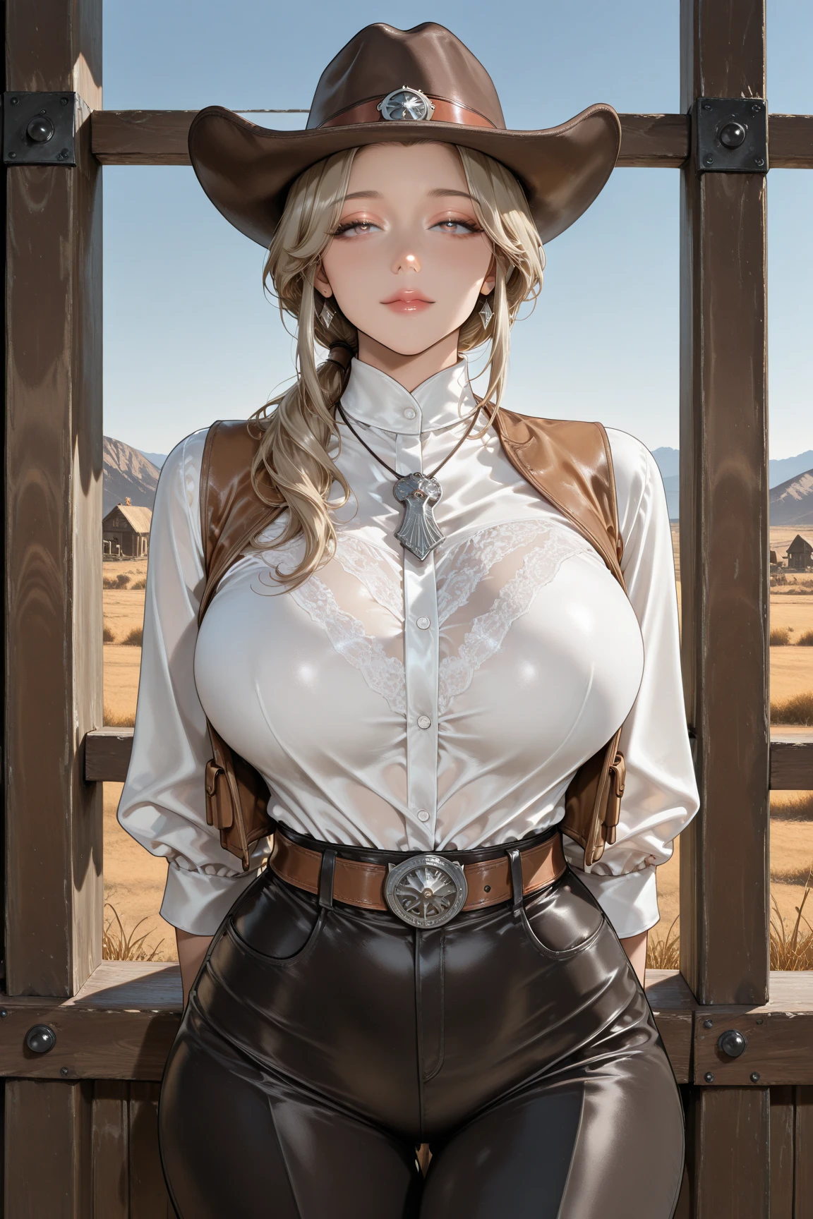 NSFW, 1girl, blonde hair, curly hair, cowboy hat, cropped jacket, leather, brown jacket, cleavage, navel, bare legs, naked, bottomless, knee up, whip, desert, mountain, thigh highs, lace trim, skindentation, sheriff badge, revolver, hand on hip, long hair, shiny skin,, masterpiece, best quality, highly detailed