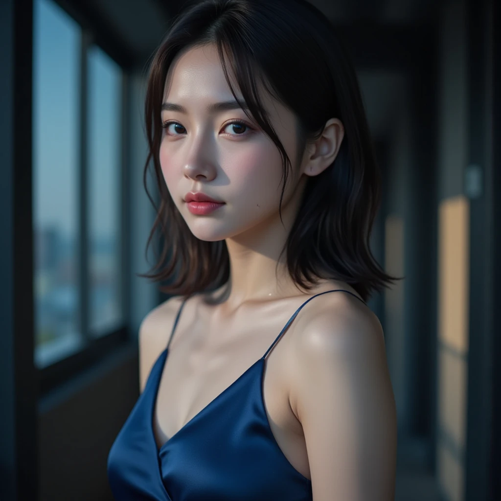 1girl,(wearing a blue blouse:1.2),(RAW photo, best quality), (realistic, photo-realistic:1.4), masterpiece, an extremely delicate and beautiful, extremely detailed, 2k wallpaper, Amazing, finely detail, extremely detailed CG unity 8k wallpaper, ultra-detailed, high res, soft light, beautiful detailed girl, extremely detailed eyes and face, beautiful detailed nose, beautiful detailed eyes, cinematic lighting, city lights at night, perfect anatomy, slender body,