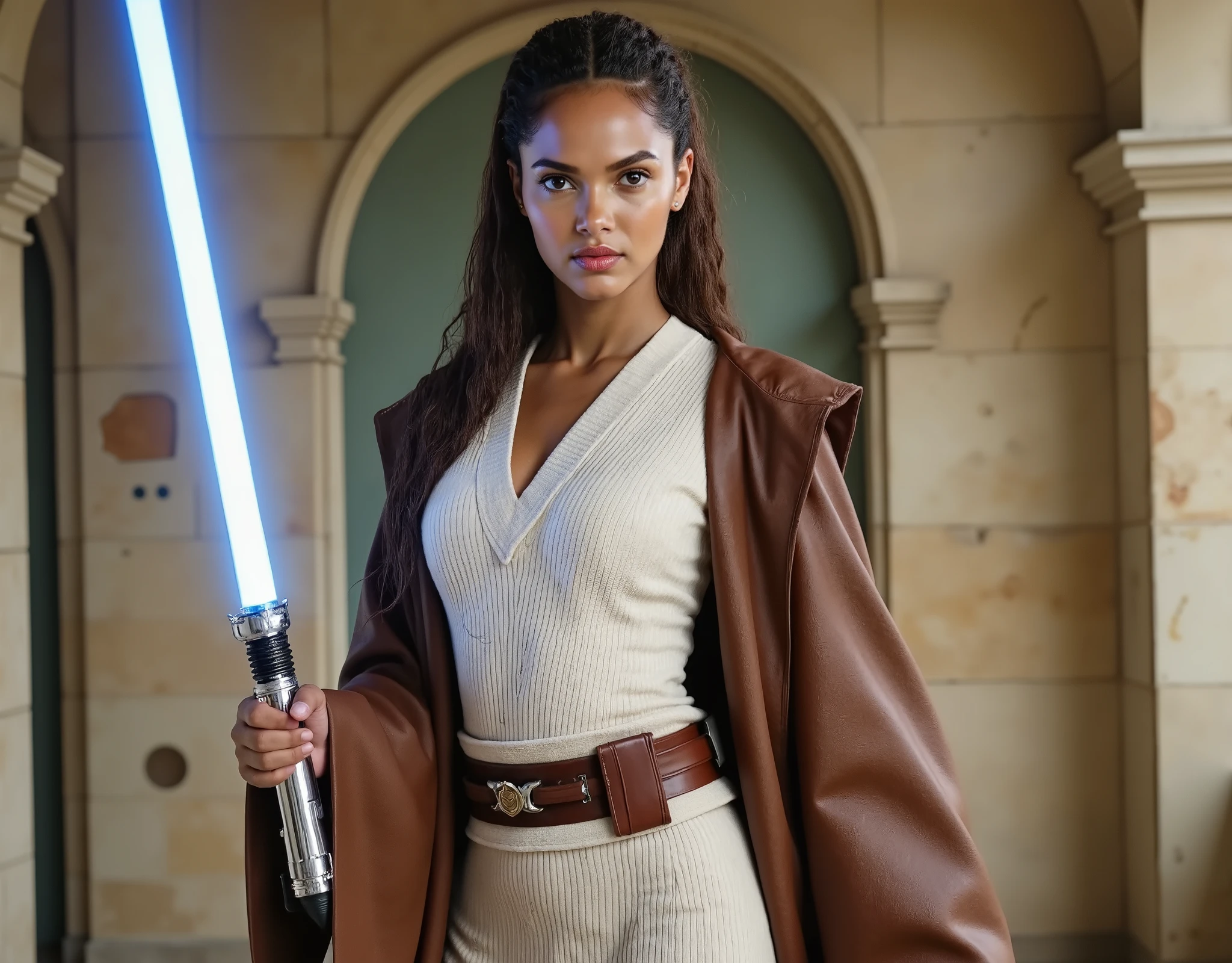 a young woman with dark brown eyes, brunette hair in a curly ponytail, wearing a white jedi tunic, a brown jedi robe with leather details, holding a blue blade lightsaber, jedi temple in the background, (best quality,4k,8k,highres,masterpiece:1.2),ultra-detailed,(realistic,photorealistic,photo-realistic:1.37),intricate details,hyper-realistic,cinematic lighting,dramatic shadows,vibrant colors,cinematic composition,digital painting,concept art,fantasy,sci-fi