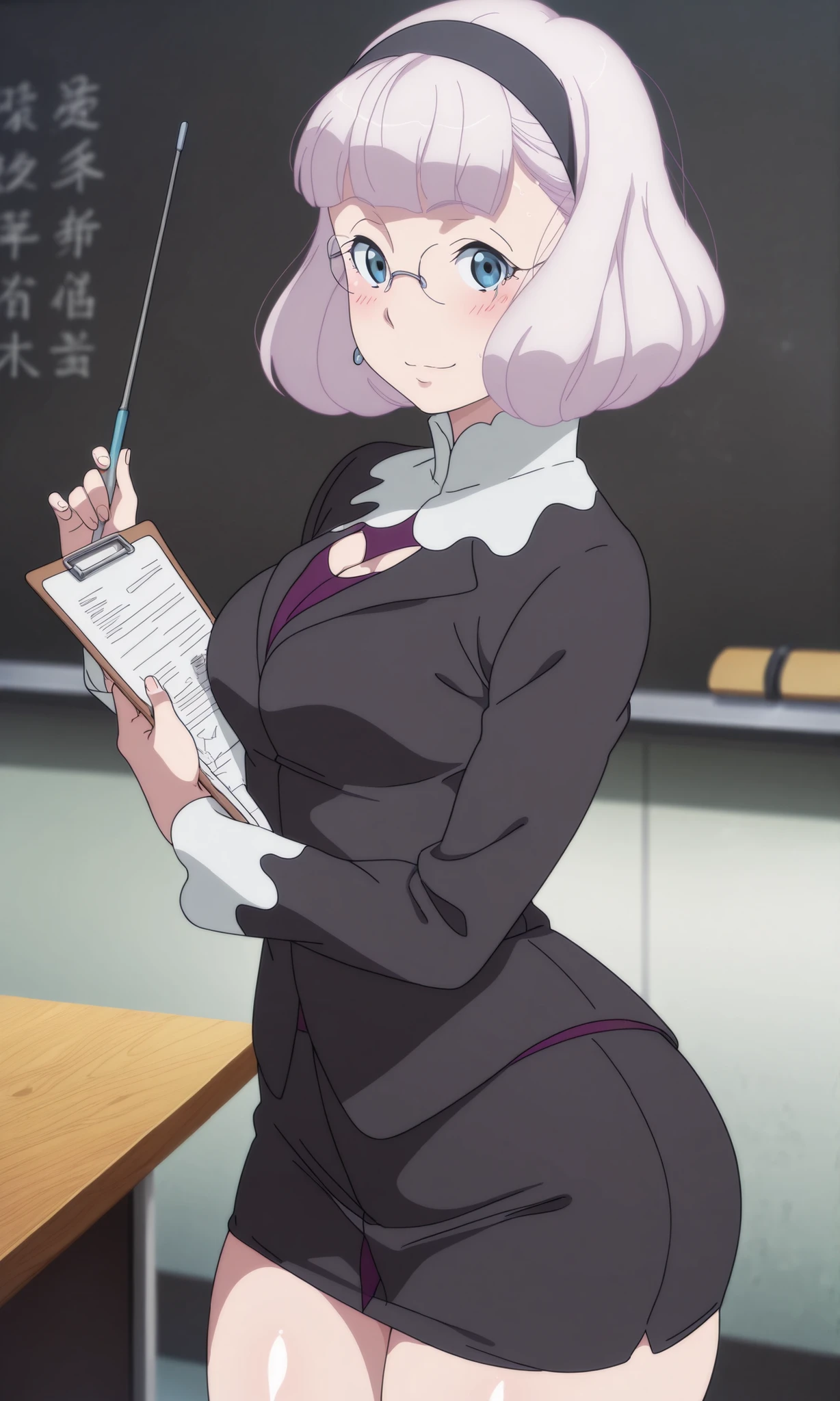 Score_9, Score_8_up, Score_7_up, rating_safe, ((high resolution, 8k, masterpiece, best quality, hd)), perfect hands, 1 girl, solo, perfect anatomy, focus on character, anime style, ((, curvy, wide hips, thick and voluptuous thighs)), ())), sexy, waist, shiny, looking at viewer, adult, eyelashes, amazing quality, 1 girl, masterpiece, best quality, amazing quality, very aesthetic, absurd, newest, shiny skin, blush, blush, masterpiece, best quality, incredible quality, very aesthetic, absurd, newest, scenery, volumetric lighting, depth of field, shiny skin, wet skin, oiled, Aldnoah.Zero, lemrina vers envers, short hair, bangs, blue eyes, purple hair, hairband, blunt bangs, bob cut, black hairband, medium breasts, anime screencap,, ((from bellow)), , (from side), 1 girl, breasts, ,alone, pointer, medium breasts, cleavage, skirt, smile, teacher, earrings, glasses, jewelry, looking_at_viewer, holding, jacket, black jacket, wide hips, thick thighs, black suit, clipboard, pencil skirt, formal, black skirt, shirt, blackboard, table, , soft lighting, cinematic angle, official art style, bold composition, dramatic perspective,((4k,8k,Ultra HD)),((Masterpiece :1.2)),((Best quality :1.2)),((Detailed :1.5)),((Background detailed :1.5)),((high_quality)), ((Super_Detailed)),,