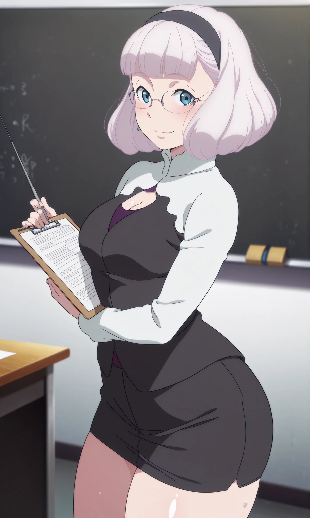 Score_9, Score_8_up, Score_7_up, rating_safe, ((high resolution, 8k, masterpiece, best quality, hd)), perfect hands, 1 girl, solo, perfect anatomy, focus on character, anime style, ((, curvy, wide hips, thick and voluptuous thighs)), ())), sexy, waist, shiny, looking at viewer, adult, eyelashes, amazing quality, 1 girl, masterpiece, best quality, amazing quality, very aesthetic, absurd, newest, shiny skin, blush, blush, masterpiece, best quality, incredible quality, very aesthetic, absurd, newest, scenery, volumetric lighting, depth of field, shiny skin, wet skin, oiled, Aldnoah.Zero, lemrina vers envers, short hair, bangs, blue eyes, purple hair, hairband, blunt bangs, bob cut, black hairband, medium breasts, anime screencap,, ((from bellow)), , (from side), 1 girl, breasts, ,alone, pointer, medium breasts, cleavage, skirt, smile, teacher, earrings, glasses, jewelry, looking_at_viewer, holding, jacket, black jacket, wide hips, thick thighs, black suit, clipboard, pencil skirt, formal, black skirt, shirt, blackboard, table, , soft lighting, cinematic angle, official art style, bold composition, dramatic perspective,((4k,8k,Ultra HD)),((Masterpiece :1.2)),((Best quality :1.2)),((Detailed :1.5)),((Background detailed :1.5)),((high_quality)), ((Super_Detailed)),,