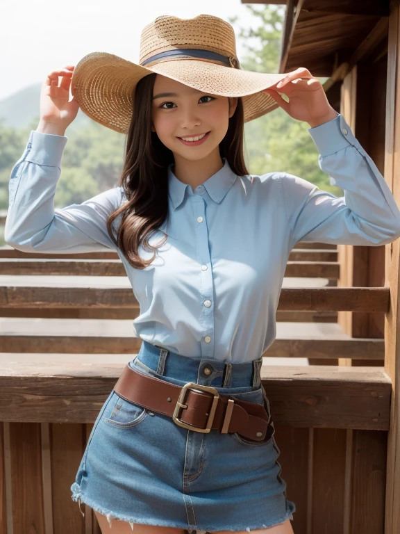 Post towns in the west,Sheriff in cowboy fashion,Gunslinger Costume,Leather jacket with front opening,Wrap a gun belt around your waist,holster,Cowboy Hat,Generate images of beautiful women around the world,Especially while reflecting elements of Western beauty,Woman with natural smile and attractive expression,Woman with natural smile and attractive expression,Transparent skin,sparkle in eyes,Expresses an elegant atmosphere,(in 8K, Raw foto, top-quality, masutepiece),Bloom,sunlights,电影灯光,(realisitic, photoRealstic),