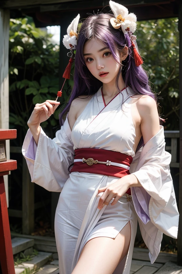 photorealistic, high resolution, 1 girl, hips up, beautiful eyes, light purple hair, intricate brocade hanfu, gorgeous accessories, wearing pearl earrings