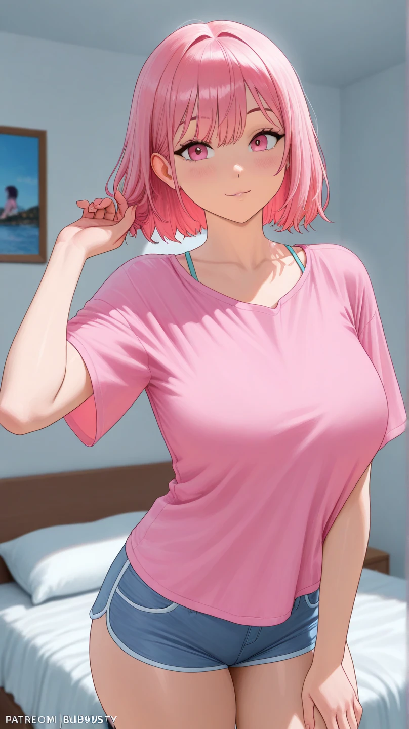 Nino Nakano, pink hair,
BREAK ((pink tshirt), (blue shorts):1.2),
BREAK sitting, bed, wooden building, breasts, cleavage, looking at viewer, blush, large breasts, shiny skin, nipples,
BREAK ((top quality, 8k, masterpiece: 1.3, ultra hd, high quality, best quality, high definition, realism)), sharp focus: 1.5, Beautiful woman with Slim body, (perfect hands, perfect anatomy),