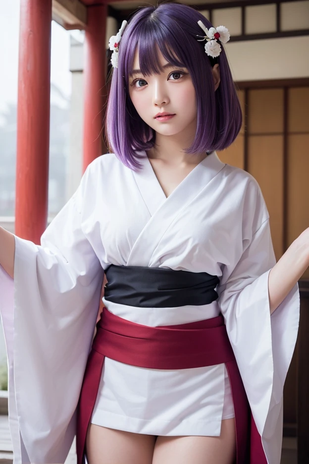 ((Silver Hair))、((Short Hair))、((Shrine maiden costume))、((Highest quality、8k、masterpiece))、Sharp focus:1.2、Small fox ears、Cute 17 year old girl with perfect figure:1.4、Slim Abs:1.2、((Dark brown hair))、street:1.2、Highly detailed face and skin texture、fine grain、(The chest is exposed)、double eyelid、shoulder、Close-up of a woman in a kimono posing for a photo、Japanの女神、Japan人モデル、white、((Small breasts))、((Shrine maiden costume))、Japan、Drawing attractive anime girls