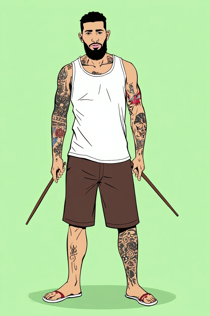 A line art illustration in which a man standing on land by one hand he is holding his own penis and looking by side in black and white tattoo style