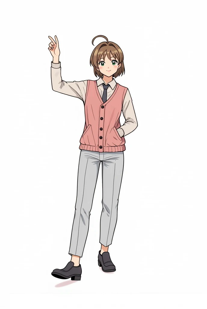 Pretty Girl, beautiful minimalist clothing, THIN GIRL, good anatomy ,cute bangs, comfortable clothing, manga anime, High Quality, elegant jacket , pastel colors , winter outfit, aesthetic , smile, clothes casual- formal,high resolution,  Girl shoes detail, slightly elegant  