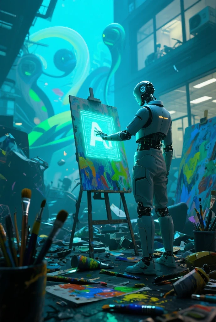 (masterpiece, best quality, highres, absurdres, detailed:1.2), humanoid, robot, wearing headphones, looking away, (cyberpunk, art canvas, paint brush, easel, iridescent, holographic: 1.6), (cables, wires, flames, fire, smoke, overheat, explosion, indoors, room, simple background)