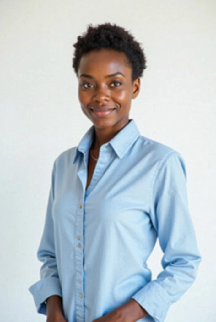 photo studio, female gender, neat blue shirt clothes, Body position standing tilted to the right with face straight to the camera, Plain white background, Photo size up to the belt section, left and right sides fully visible shoulders/Hands, make up natural, Straight hair braided neatly, clear photo results, Ultra HD photo quality
