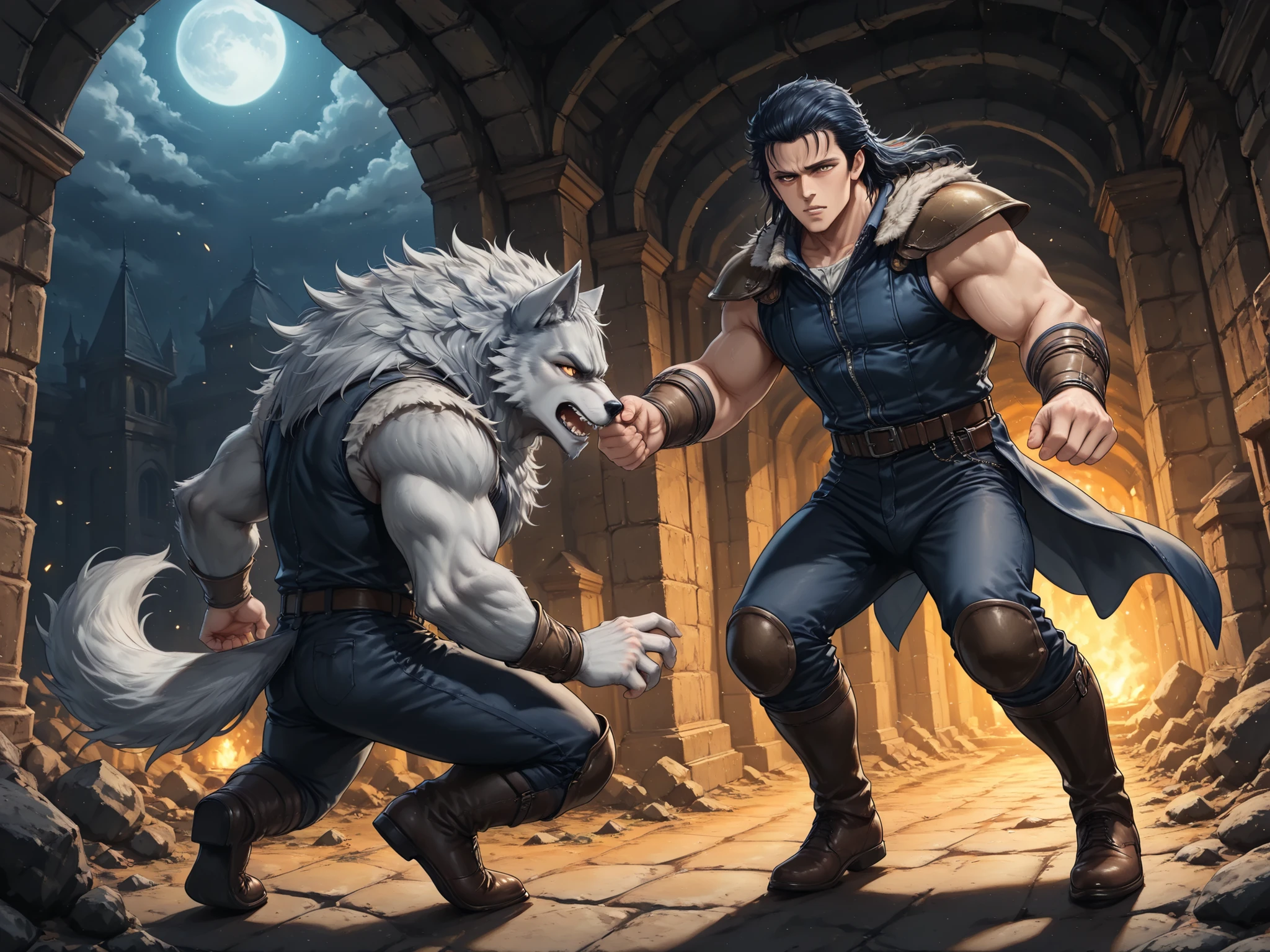((Best Quality)),( super high definition),(Super detailed),( detailed description ),((The best CG)),(masterpiece), dark dungeon,dark cave,lanthorn,(1boy vs 1werewolf),(1boy is Rei,30years old men),fighting in the dundeon,wide shot