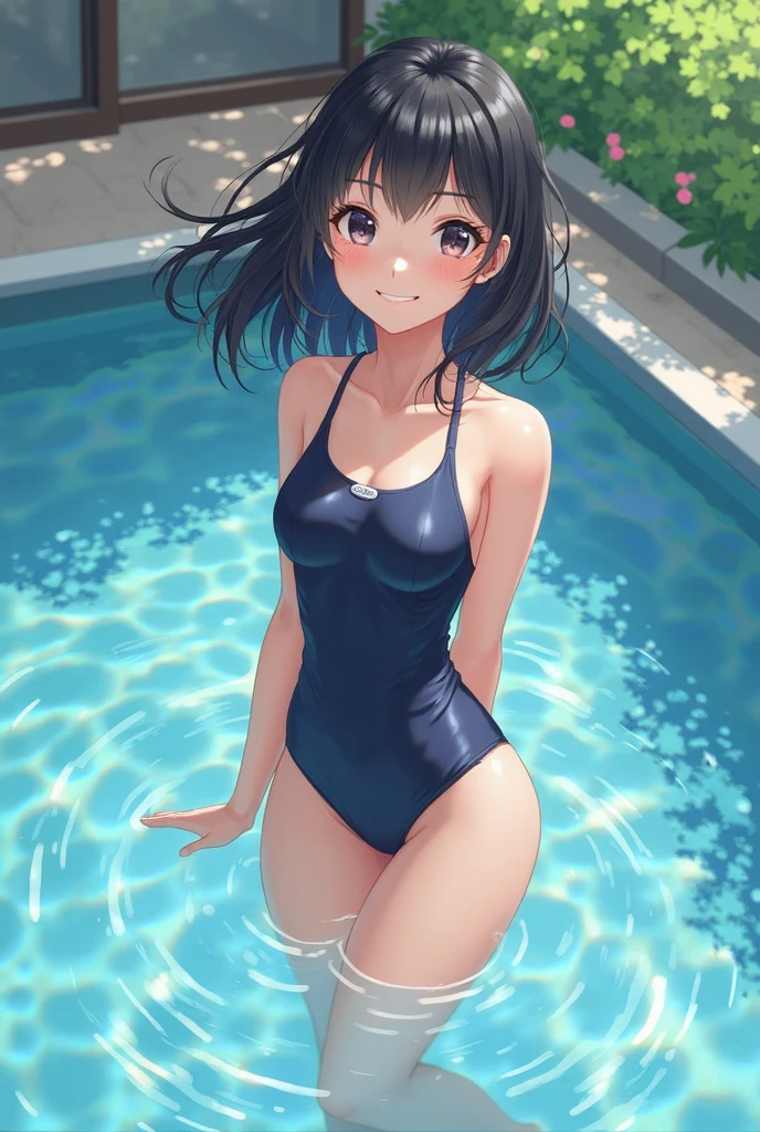very cute and beautiful girl,(highly detailed beautiful face and eyes),(blue school swimsuit),
standing,arms behind back,pool side,tiny colorful flowers on grassland,
(smile),happy,looking at viewer,black hair,cowboy shot,
(best quality,masterpiece),absurdres,highres,ultra-detailed,extremely detailed,32k,
cinematic scene,detailed background,solo,dynamic angle,
hair fluttering in the wind,beautiful detailed sky,(realistic),perfect hands,