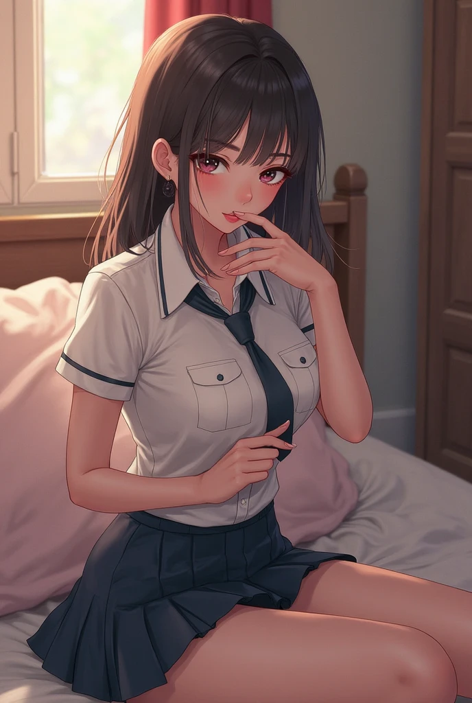 1woman,mature female,huge footers,solo,sitting on the bed,underwear,dark brown hair,bangs, shy smile, (embarrassed:1.5,blush:1.3,steam:0.4,sweat:0.4,feeling weak:1.3,parted lips),(puffy eyes:1.3,dark blue eyes),(masterpiece best quality:1.2) delicate illustration ultra-detailed,bedroom,indoors, detailed background,[[[nsfw]]]