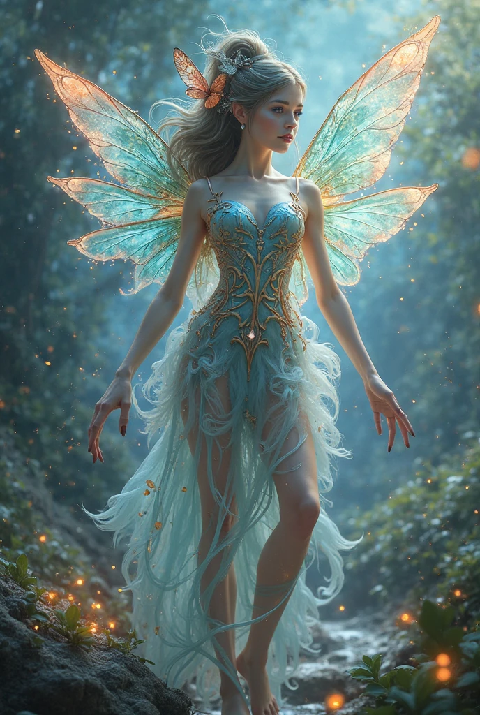<lora:add-detail-xl:2.0>, <lora:xl_more_art-full-xl:0.6>, <lora:envyzoomsliderxl01-xl:-0.8>, a regal looking beautiful fae in a luxurious dress with colorful translucent wings in a flowery glade, glow worms, (by archan nair:1.4), (by william turner:1.2), (by claude monet:1.2), (by henry asencio:1.1), (by edgar degas:1.1), (by pierre-auguste renoir:1.1), (by gustav klimt:1.1), (by alphonse mucha:1.1), art nouveau, golden hour, front lighting, side lighting, epic, dramatic, dynamic, mythical, legendary, ethereal, dreamy, cinematic photorealistic, 8k uhd natural lighting, raw, rich, intricate details, key visual, atmospheric lighting, 35mm photograph, film, bokeh, professional, 4k, highly detailed