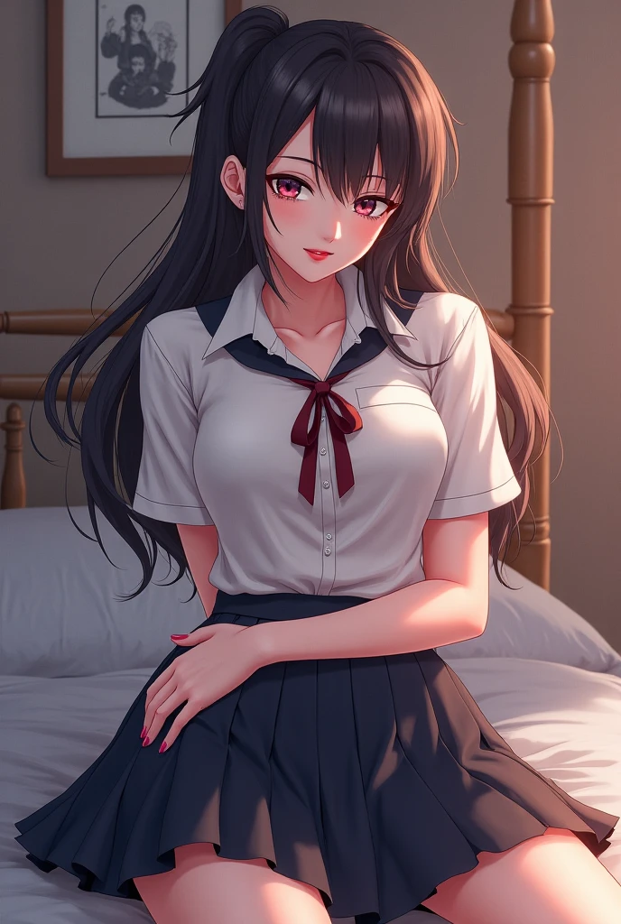 Boa hancock, 1girl, solo, ((white shirt)), black thighhighs, breasts, cleavage, uniform, office background, black skirt, pleated skirt, office, hair between eyes, large breasts, long hair, looking at viewer, black hair, red short nails, black eyes, solo, thighhighs, thighs, very long hair, ((masterpiece)), bed, bedroom, window, pillow, sitting, name tag, id tag, indoor, golden earing, short sleeve, office shirt top,