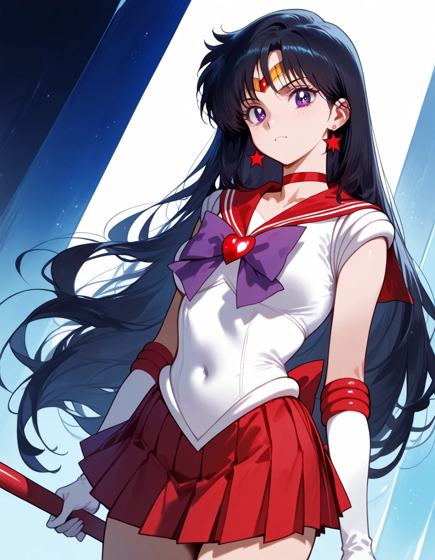 NSFW , (Highest quality:1.5, High resolution, 4K, Detailed lighting, Shaders),, tiara, Sailor Senshi Uniform, White gloves, Red Sailor Collar, Red Skirt, Star Necklace, Elbow hand pockets, Pleated skirt, Just Play, Purple ribbon, Denim photoshoot, Outdoor, Background blur (85mm lens), front facing camera, Gentle expression, wind blowing hair, fluffy hair, hair ((black)), inflammation Bedroom