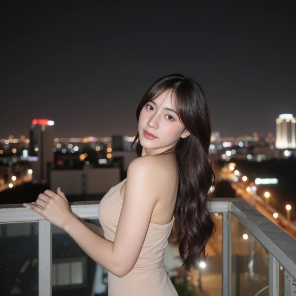 ((Best Quality, 8K, Masterpiece:1.3)), Full Body, Sharpness:1.2, A Pretty Vietnamế Woman about 21 years old like actress Huỳnh Khánh Tiên with a Perfect Figure:1.4, Slim Abs:1.2, (Dark Brown Hair, Big Boobs:1.2)), Body Dress:1.1, (Night View of the City, Modern Balcony:1.1), Highly Detailed Face and Skin Texture, Detailed Eyes, Double Eyelid, Small Bust, sport short hair, OL Uniform, Office Wear, underwear, smile, Exposed Neckline, (Black Tights), (No Panties), Indoor Scene, Office