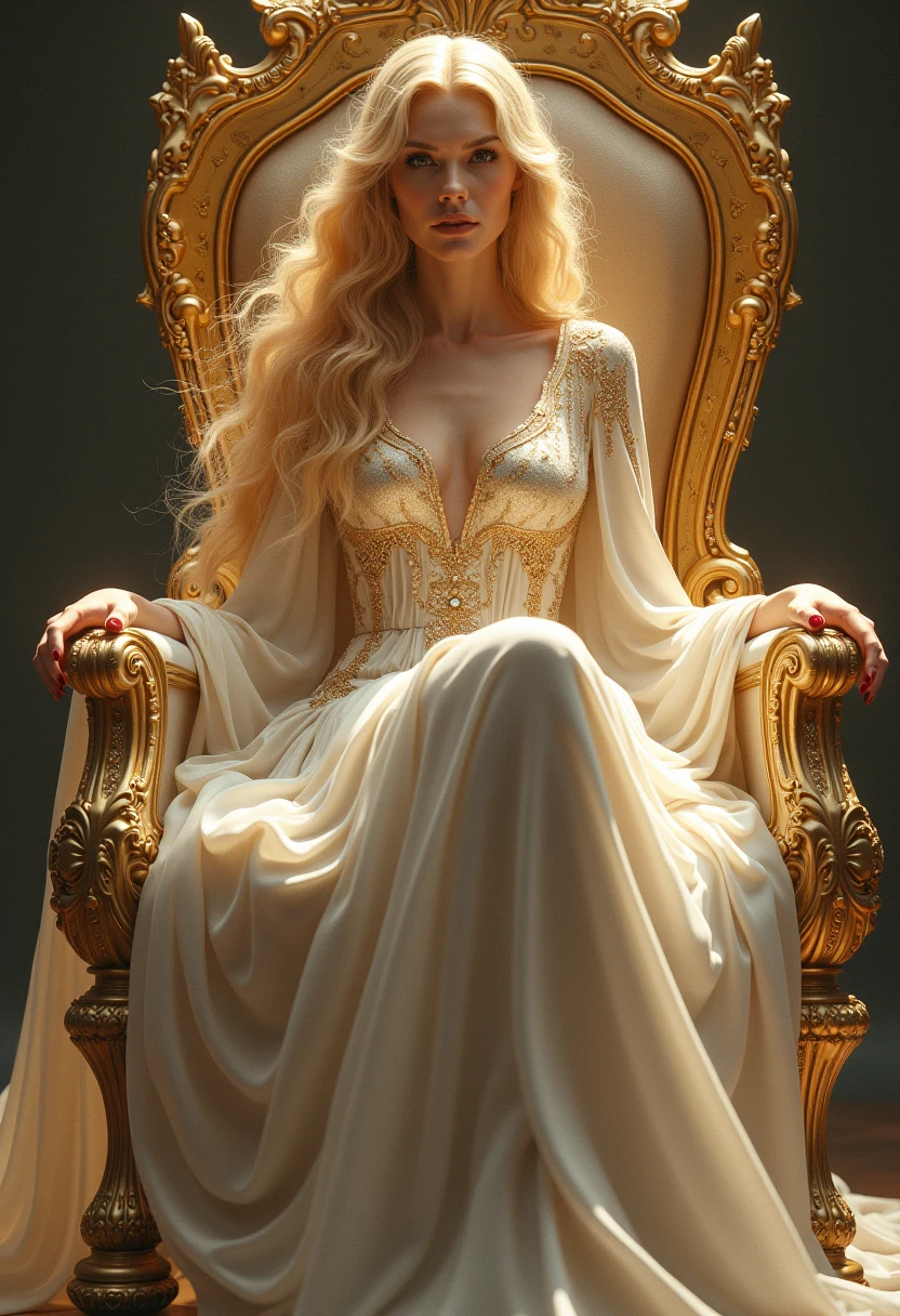 Majestic queen woman blue color sitting big breast blonde hair with crown tender smiling
