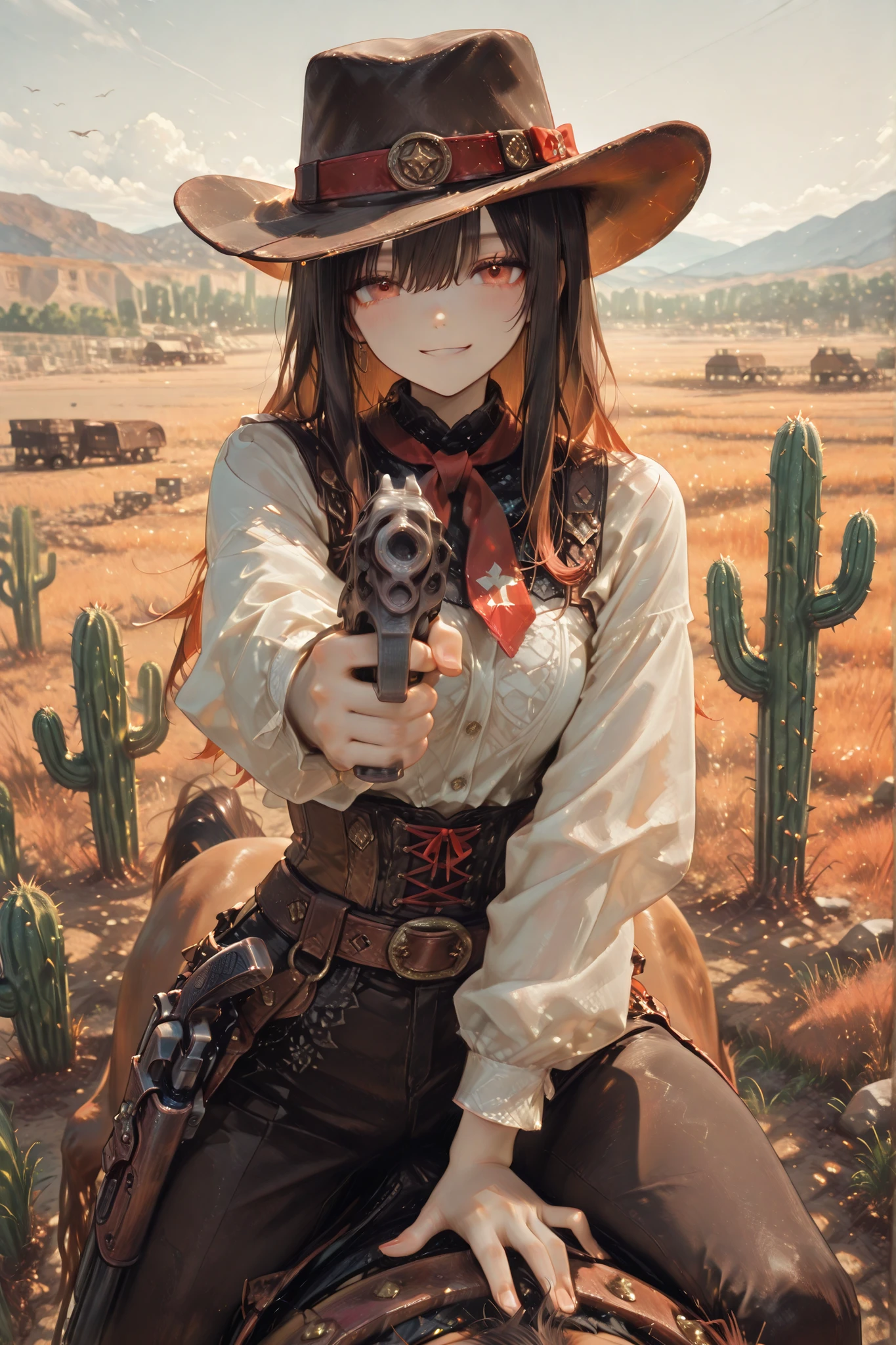 1 girl, west,Gunman、Hold a gun here with a revolver in your right hand、I'm riding a horse 、Hold the rein in your left hand、look at me and smile,cactus、Use the wilderness as a background、 Rock Field、 western hat