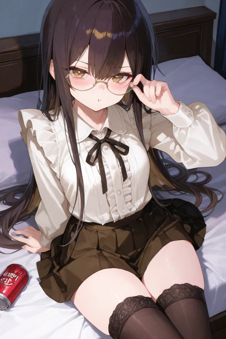 sober,meek,pantyhose,,,bangs bangs,black hair,,best quality,from below,nsfw,foot up,full-face blush,4fingers and 1thumbs,mini skirt,twin braids,spread legs,Garter belt,on the bed,Glasses