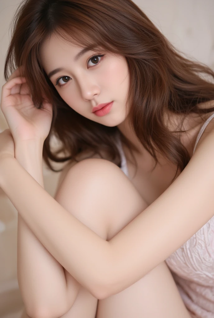 (32k, High resolution, High resolution), ((((photograph, RAWphotograph, Hyperrealism, masterpiece, Highest quality, ultra High resolution,Full body photography,Japanese)))), (Pin Light, Backlight, Backlight, Cinematic Light), Sharp focus:1. 4, (Hyper Detail, In detail), hull body shooting, close, 1 girl, Oval Face, big, Beautiful cat-like eyes, Cute Button Nose, Small and fairly full lips, Thick eyebrows and long, beautiful eyelashes. Transparent throughout makeup, Apply a touch of pink to your cheeks、Lip gloss makes it sparkle. Hairstyle: short golden hair.Nightclub.