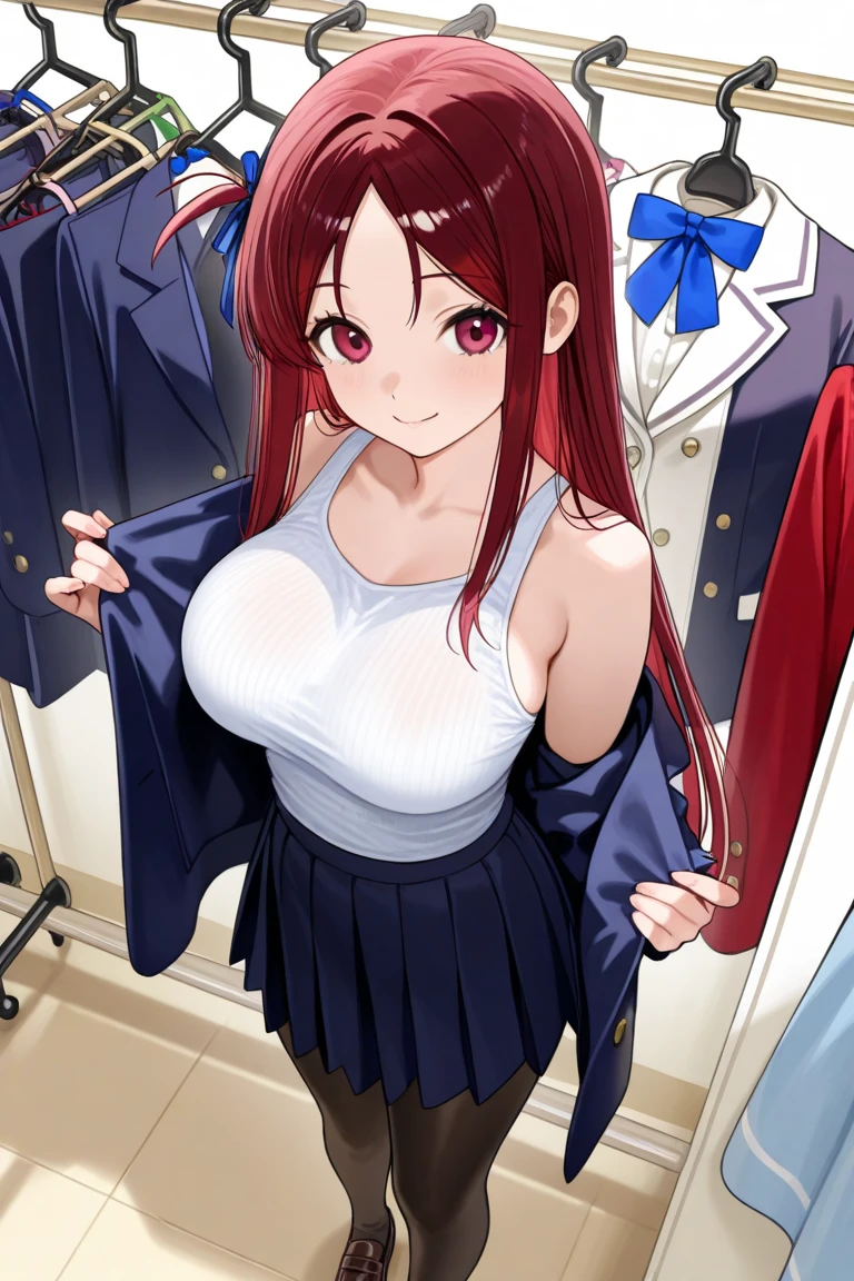 1girl, :d, bent over, black bra, bra, breasts, cleavage, closed eyes, clothes hanger, dress, fingernails, high heels, holding, holding clothes, jacket, jewelry, large breasts, long hair, looking at viewer, mall, miniskirt, naughty face, necklace, open mouth, orange hair, red jacket, shiny skin, shopping, skindentation, skirt, smile, solo, sweat, thighhighs, underwear, very long hair, xd