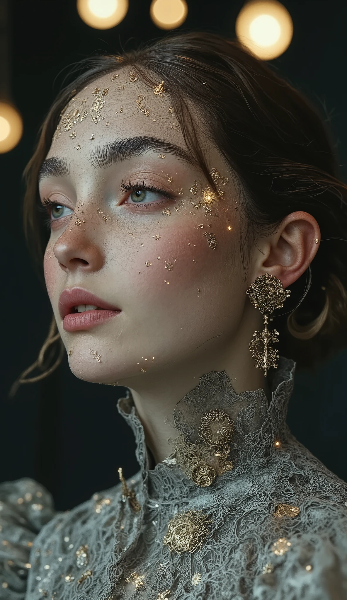 Close-up of a stunning Victorian woman, her face is highlighted by the soft glow of holographic lights above her. her eyes wide open , , reflective patterns of subtle neon hues around her, , as her lips open with pure bliss, fascinated by the. She wears an exquisite Victorian dress, adorned with glowing mechanical lace that stands out against the Dark background. Lace made of shiny metallic threads, with visible, delicate gears and small lights embedded in the fabric, creating an ethereal, futuristic effect. She has soft skin., otherworldly brilliance, and small, flickering creatures gently flutter over her. , minimalist background , Dark, with a few faint glowing accents, music, rhythm that doesn't hide her presence. No floating drones and stunning, , making the dress and facial features take center stage. Cinematic lighting and hyperrealistic, Alien splendor , , that emphasizes the elegance and intricate details of her appearance. 8 thousand., photorealistic.