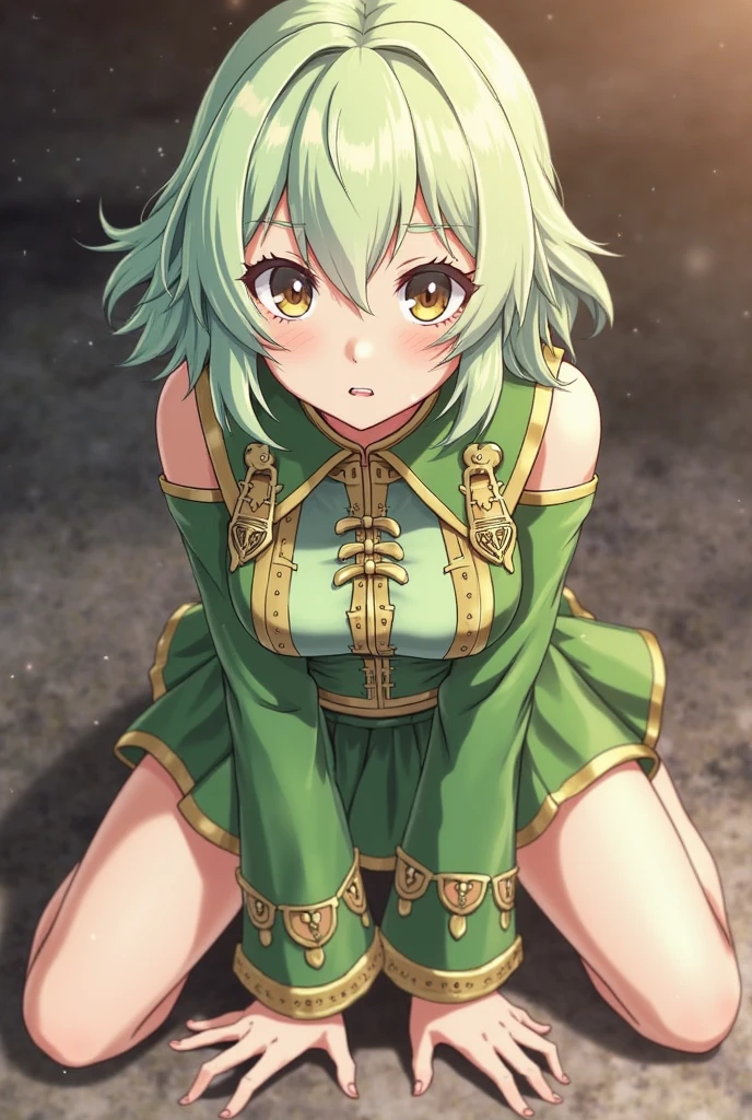 ibalance standing_split, standing_on_one_leg, leg_up Holding leg ,smug half-closed eyes,pointy ears, green hair, green eyes, short hair, short hair with long locks, 1girl, office lady, collared shirt, pencil skirt, pantyhose, office, view from below, beautiful face, masterpiece, best quality, Highly detailed, 8K, wallpaper,