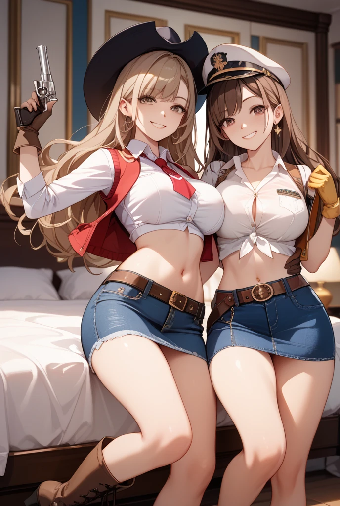 2d, Superb, (Masterpiece), ((1 girl)), (Low Angle:1.2), (Full length), (Shiny hair:1.6), (Long straight brown hair:1.6),(Shaggy hair:1.3), (Brown beautiful girl),hyper, Pretty face, (Healthy dark skin), (Sunburn mark), clavicle,(Cowboy hat),(Wear a red scarf),(Stars and Stripes Bikini:1.6),(Denim hot pants:1.6),(Leather boots) ,Glamorous Bare Feet, Beautiful shiny legs,, Brown Eyes, Attractive thighs, Medium chest,