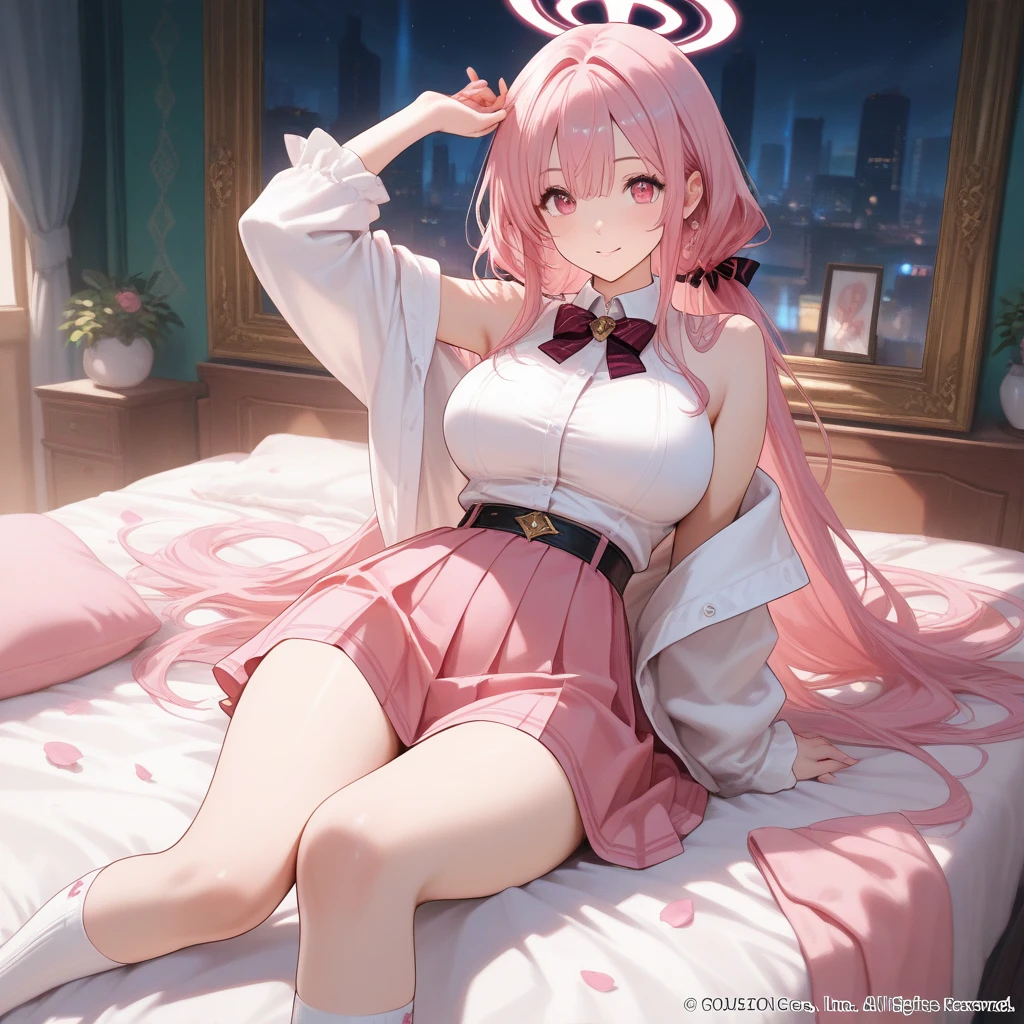 (high quality, 8k, 4K, high contrast, artwork:1.2, high quality, best aesthetics), (centered), ((1 woman)), erotic, sensual, mature body, super detailed, beautiful face detailed, beautiful eyes detailed, detailed beautiful mouth, perfect breats, perfect wide thighs, (light pink hair, long light pink hair, wavy light pink hair), (blue eyes), (naked wrapped in a pink blanket of the bed), (pink angel halo), (calm expression), (standing), (looking at the viewer), (front view), (completely black dark space), (messy bed), (pink light coming from the sky highlighting the character), (sitting on the bed)