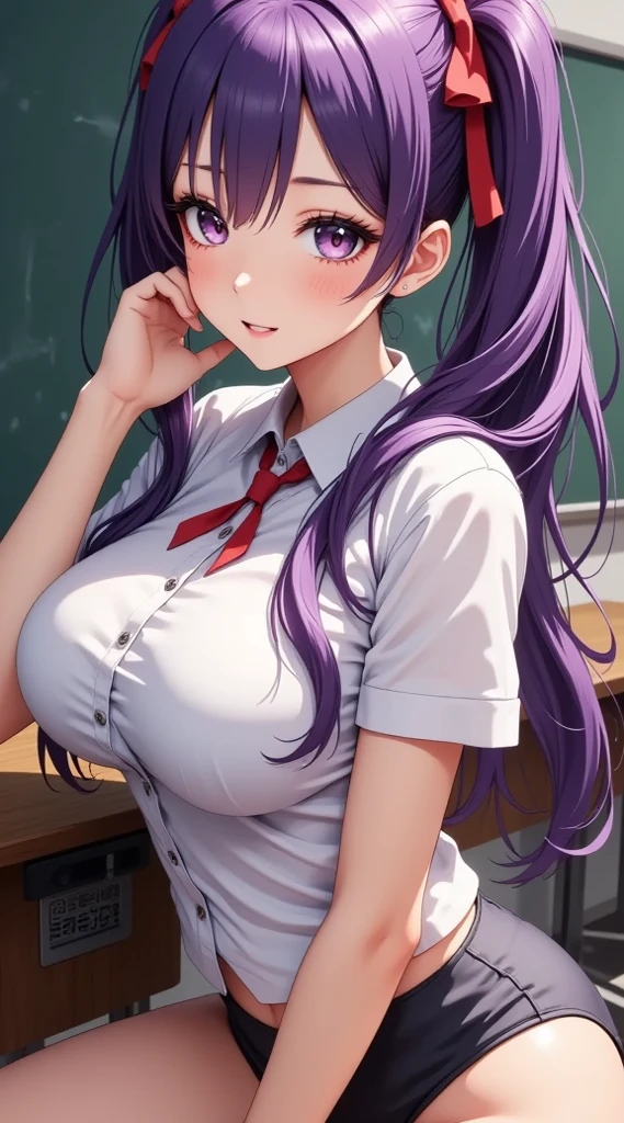 purple eyes, (best quality, masterpiece painting:1.3), Oboro, mature female, 26yo, (half body shot:1.3), schoolgirl, school uniform, (happy, smile, caring look:1.5), purple hair, short hair, stacked bob hair, (large breasts:1.2), (narrow waist:1.1), cleavage, perfect body, (athletic body:1.1), soft skin, anime face, perfect face, (perfect eyes:1.3), glowing eyes, purple irises, anime eyes, smoky eyeliner, eyeshadow, asian, looking at viewer, smart, whiteboard background, classroom, sharp focus, intricate details, professional artwork, (vibrant colors:1.1), vivid colors, Diffused lighting, digital blending, ultra detailed body, ultra detail hair, ultra detail face, trending on pixiv, top button opened,