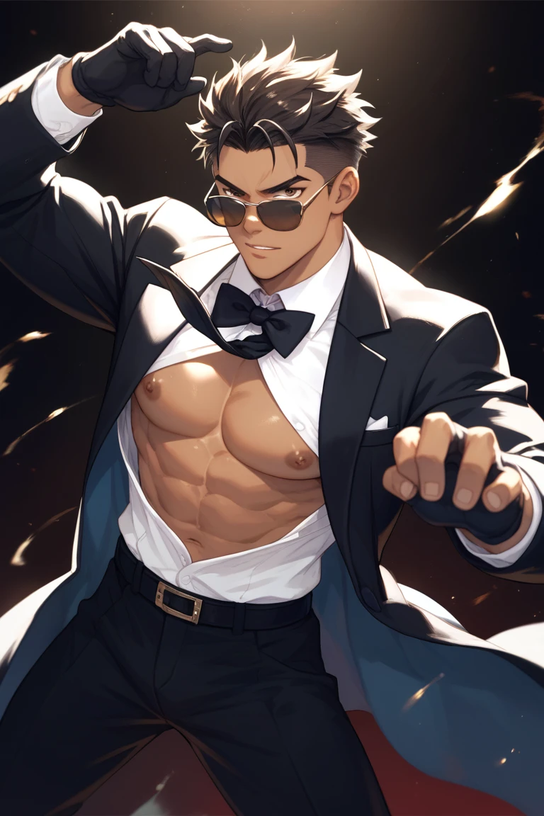 shirtless handsome manly short black hair caucasian male in open white loose long-sleeved shirt, the shirt is untucked, the shirt is sweat-drenched, soaking wet, drenched with sweat, black pants, black leather shoes, sweating profusely, exhausted, panting, walking outside the train station, the train station is crowded with people and passengers, sunny day