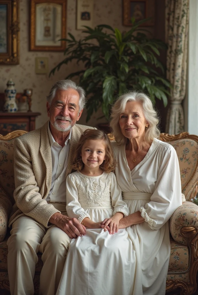 Innocent happy smiling rich old man and women with a beautiful girl giving me lot of gold and pink flowers and their wealth and royal place to me from their both hands they are giving me happily all smiling looking at camera and really happy
