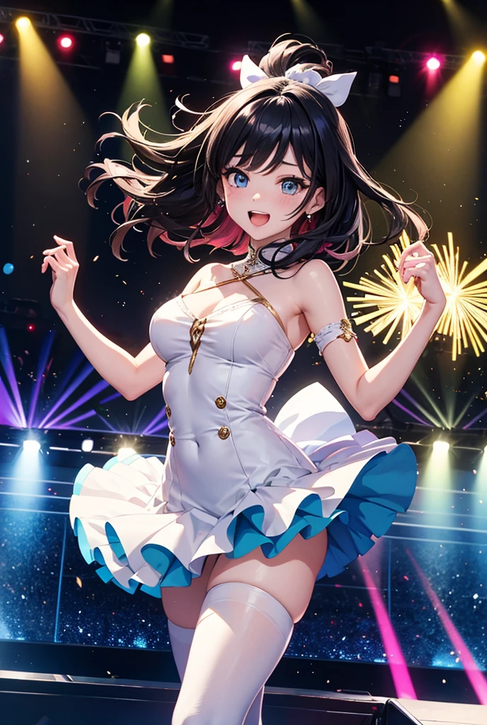 Illustration, cinematic light, high resolution, best quality, super detailed, detailed face, (detailed eyes), highest quality, super detailed, masterpiece, (detailed face), pretty face, best smile, sexy mature woman transparent (yukata costume: 1.5), ruffled mini skirt, cloth, choker, open cloth, NSFW, high heels, blue eyes, neon small shining hair edges, AI fantasy concert, Shining lighting, idol, with neon details, (Live stage: 1.15), (holding the microphone in left hand singing: 15), singing with buttocks sticking out: 5, (to a packed audience in the background), light reflection, heart-shaped iris, playful eyes, open shoulders, (wet body), small glowing butterfly, hair jewelry, panties, cute white string panties: 1.5