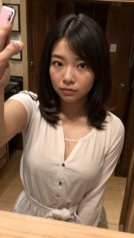 Highest quality、8k、masterpiece、Photorealistic, Sharp focus, high resolution, High resolution, Portraiture, alone, Japanese, Beautiful woman, On Flåm,((Dynamic pose)),Blouse with cleavage visible, Glamour body,(Cluttered background, Messy room:1.3), Dark Background