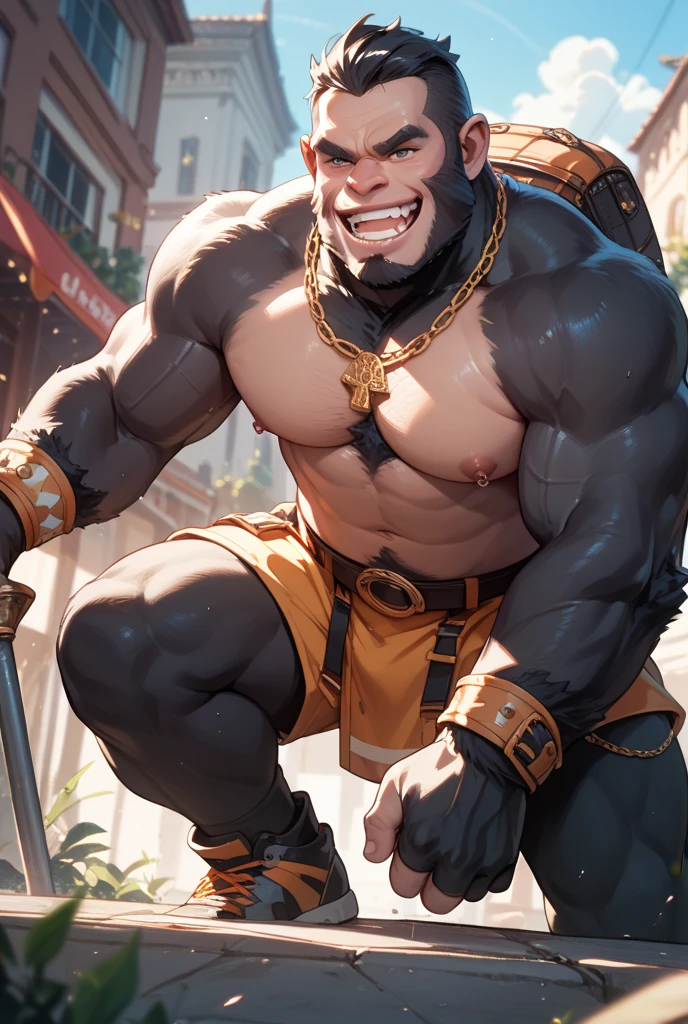 SemiMuscular, male middle aged, belly, (anthro monkey:1.3), thin beard, dark brown skin,((hairy torso, hairy arms,):1.5), hairy belly, pole dancing on a stage:1.2, dynamic light, shirtless, dreadlocks, brown and green hair and beard, harem pants, bulge, extremely hot and sexy, sexy moves, Daddy figure, hot daddy, by darkgem, by zixiong, by glitter trap boy